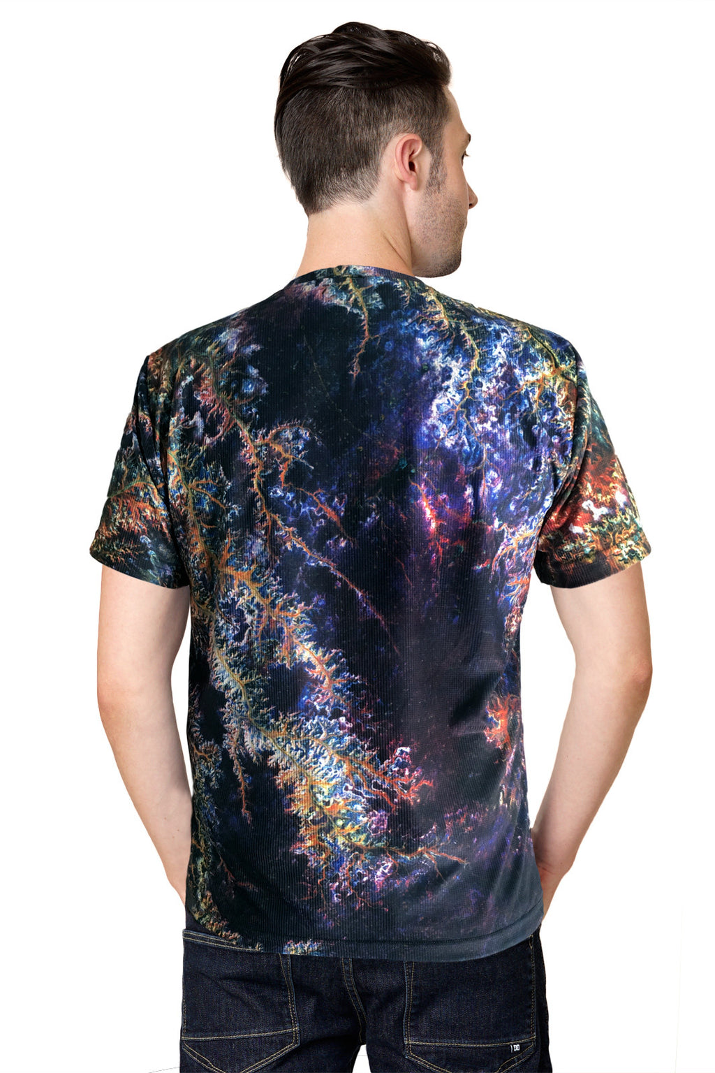 Mens Short Sleeve T-shirt-Printed Image of Earth-Cool Activewear-Ghadamis River-Back View