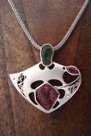 Ruby, Moldavite & Garnet Pendant-Nature Jewelry-Organic Jewelry